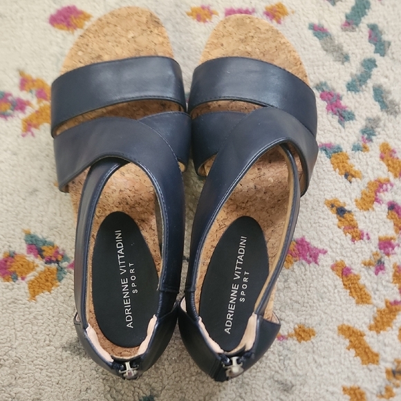 Adrienne Vittadini Navy Cork Wedge Sandals with Back Zip - Picture 2 of 7